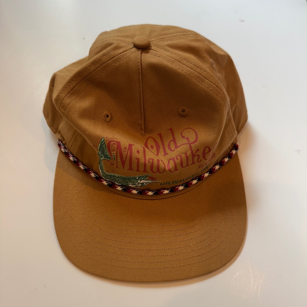 Old Milwaukee Beer Fish Snapback Hat Brown Canvas Rope Trucker Cap OSFM